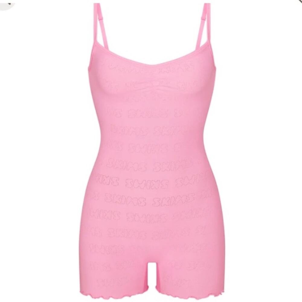 NWT SKIMS Bubble Gum Pink‎ Pointelle Logo Onesie